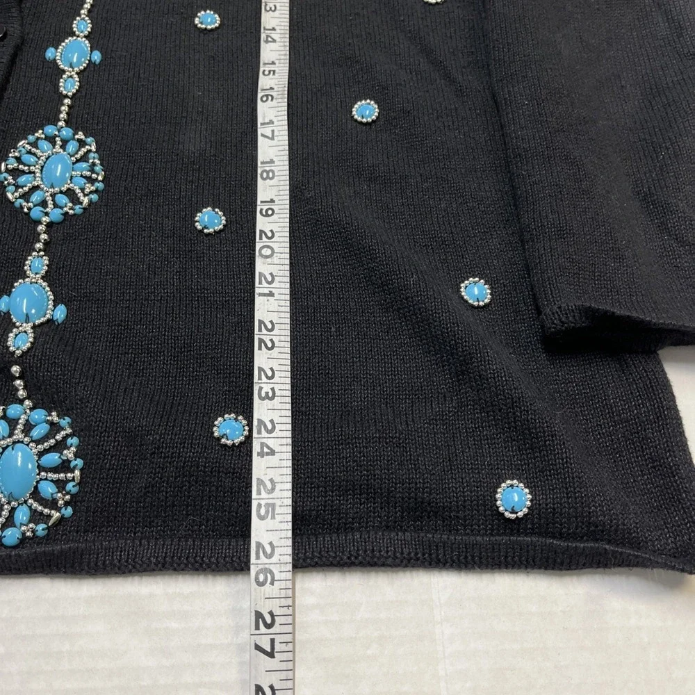Denim & Co Sweater 2X Black Turquoise Silver Beaded Embellished Cardigan Western